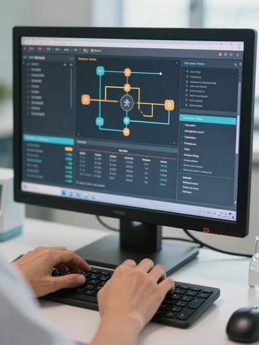 Close-up medium shot of a healthcare professional's hands navigating a clean dashboard on a monitor, displaying patient journey metrics and automation flow diagrams, shot in diffused north-facing natural light, tight framing emphasizing the screen data and the calm precision of the workspace