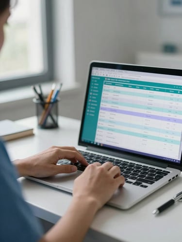 Medium close-up of a healthcare practitioner seated at a tidy clinic desk, hands resting near a laptop displaying a clean patient-flow dashboard with teal and purple data rows, overcast natural window light from the left, tight frame on hands and screen, organized calm workspace in background
