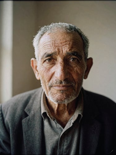 Intimate portrait of a Wakhi elder with direct eye contact, soft natural window light illuminating weathered features, documentary film photography, muted earth tones, 35mm lens.