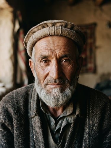A quiet, respectful close-up portrait of a Wakhi elder with deep-lined eyes looking directly into the camera, soft natural side lighting from a window, muted earth tones, documentary 35mm film style.