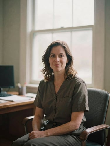 Environmental portrait of a licensed practitioner sitting in a warm, naturally lit office in Evanston, soft window daylight, muted earth tones, shallow depth of field, 35mm film look