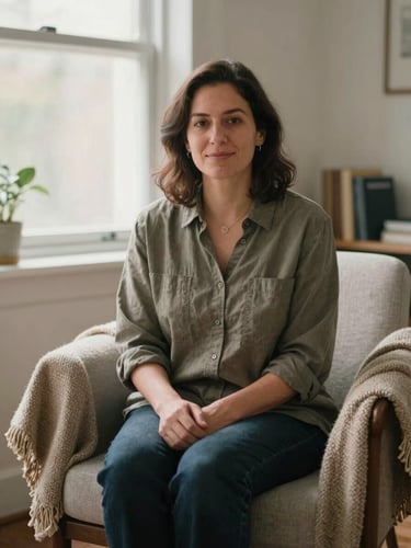An environmental portrait of a licensed therapist sitting in a warm, naturally lit office space with soft woven blankets, quiet professional atmosphere