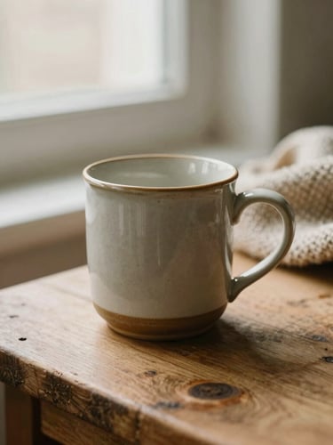 Close-up of a warm ceramic mug sitting on a rustic wooden table next to a woven blanket, soft indirect window light, shallow depth of field, warm earth tones