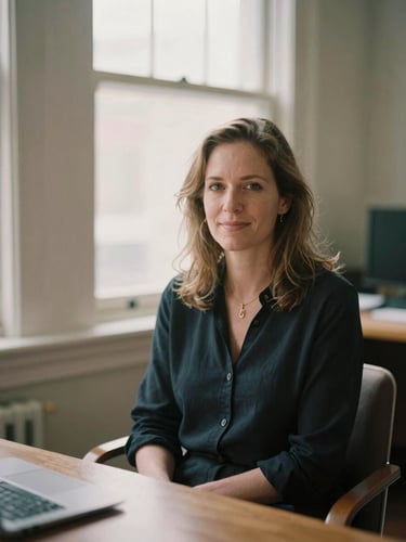 Environmental portrait of Dr. Sarah Jenkins sitting in a warm, naturally lit office space, soft window daylight, muted earth tones, shallow depth of field, 35mm film look.