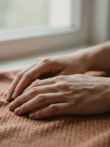 A close-up of two hands resting near each other on a warm woven blanket, soft morning window light, shallow depth of field, muted terracotta and sage tones