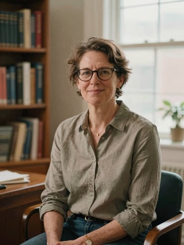 Environmental portrait of Dr. Sarah Jenkins, a warm and professional woman in her late 40s with glasses, sitting in a naturally lit office with a bookshelf, soft window light, earth tones.
