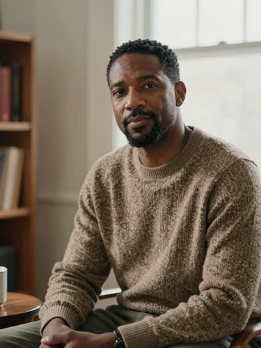 Medium environmental portrait of Marcus Vance, an approachable male therapist in his 40s wearing a warm knit sweater, sitting in a naturally lit office with a wooden bookshelf and a ceramic mug on the side table, soft window daylight, muted earth tones, shallow depth of field.