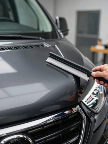 Close-up of a high-contrast vinyl wrap being meticulously applied to a black utility van, workshop background, sharp focus on the squeegee edge