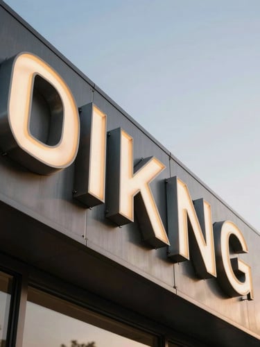 Dynamic low-angle shot of a large metal storefront sign with laser-cut steel letters, glowing subtly under warm dusk light