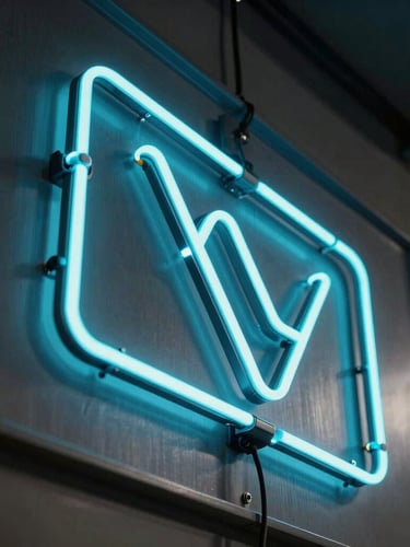 Dynamic low-angle shot of a glowing electric-cyan neon sign being mounted on a dark metal facade, dramatic workshop lighting, sharp focus on craftsmanship
