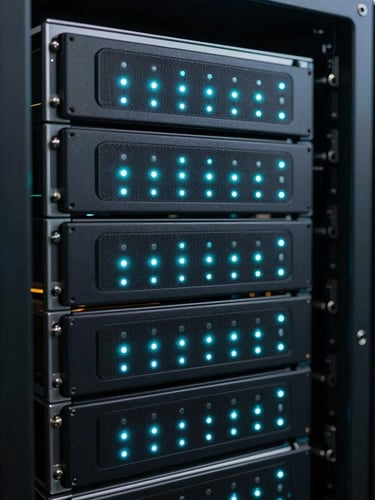 Macro shot of organized server racks with glowing cyan LED indicator lights in a dark data center, high contrast, technical precision