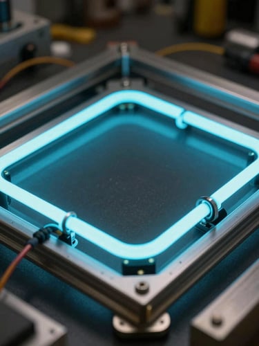 Macro shot of an electric cyan neon sign being carefully assembled in a dark technical workshop, metallic frames, visible wiring, high-contrast industrial lighting