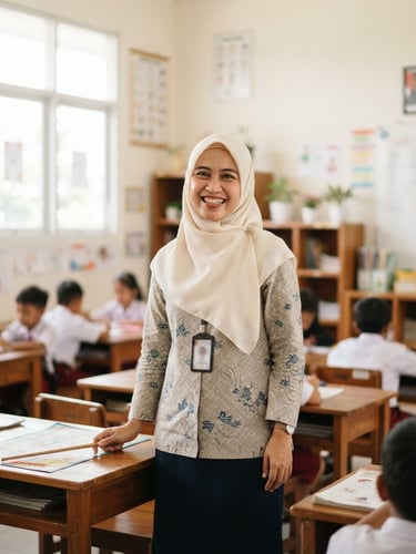 Bright editorial photography of a professional Indonesian female teacher in her 30s wearing a neat hijab, smiling warmly in a classroom with soft natural window light, clean neutral tones.
