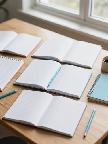 Flat-lay of open study notebooks, pencils, and educational tools on a wooden desk, soft window light, natural classroom atmosphere, clean composition