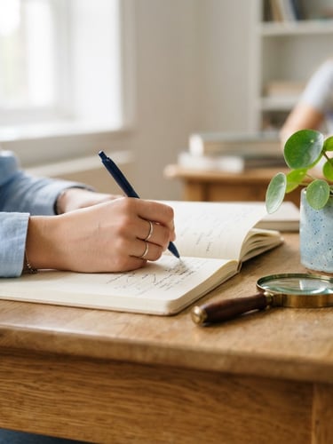 Close-up of a student's hand writing in a clean notebook next to a magnifying glass and a small potted plant, soft natural window light, bright editorial photography style.