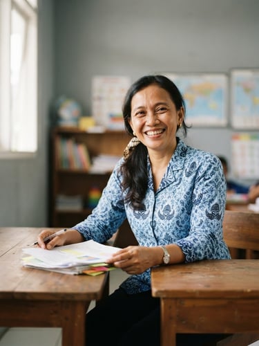 Bright editorial portrait of a female teacher in Indonesia, warm smiling expression, soft natural classroom daylight from a side window, clean slate gray background, 35mm lens.