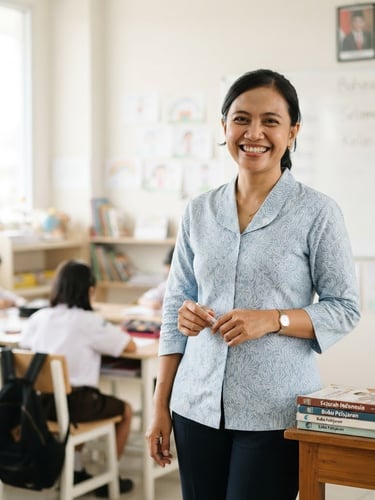 Bright editorial portrait of a friendly female Indonesian teacher, warm smile, natural classroom daylight, clean neutral background, 35mm lens