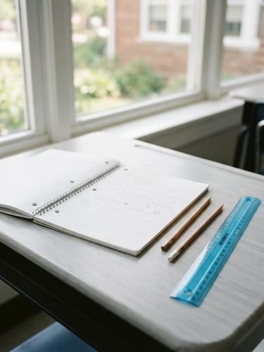 Bright editorial photography of open school notebooks, wooden pencils, and a blue ruler on a clean gray desk near a sunlit classroom window.