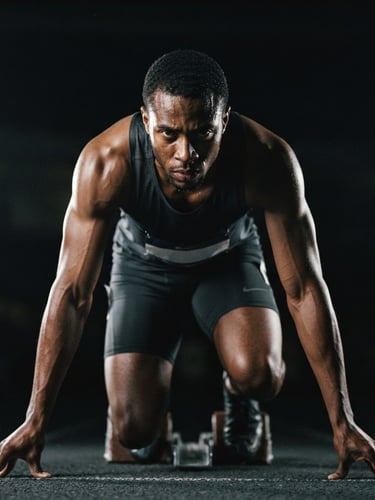 Dramatic low-key sports photography of an athlete in intense focus before a race, sharp rim lights, deep charcoal background, 35mm.