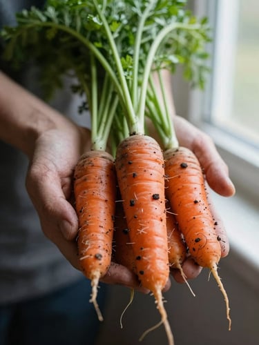 Close-up of weathered hands holding freshly harvested heirloom carrots with rich soil clinging to them, soft morning daylight, shallow depth of field, 35mm