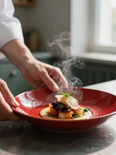 Hands of a chef plating a delicate dish in a sunlit Scandinavian-style kitchen, steam rising, rich crimson accents, shallow depth of field, 35mm