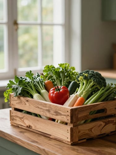 Cozy Scandinavian-style kitchen table with a rustic wooden crate overflowing with fresh seasonal vegetables, soft side-lit window light, rich forest green tones, 35mm