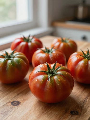 Close-up of raw heirloom tomatoes on a wooden table, soft natural window light, rustic Scandinavian kitchen setting, shallow depth of field