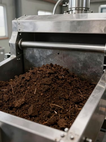 Commercial organic compost screening facility, clean stainless steel machinery processing dark organic soil, soft natural overcast daylight