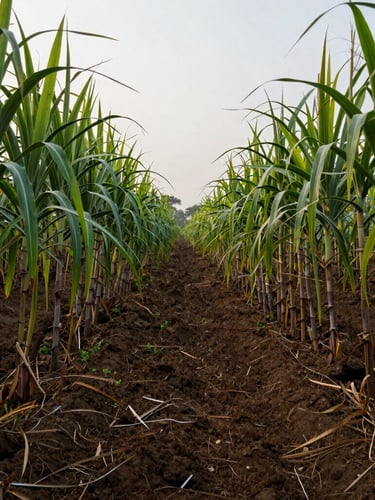 Wide-angle panoramic shot of a thriving commercial sugarcane plantation in Maharashtra during early morning overcast light, showing deep green foliage and rich, dark loam soil visible between rows.