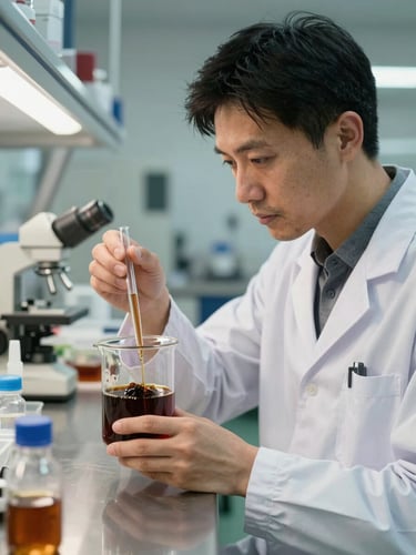A technical researcher in a clean agrarian facility testing organic batch samples, focus on a glass beaker filled with dark organic compound, natural soft light