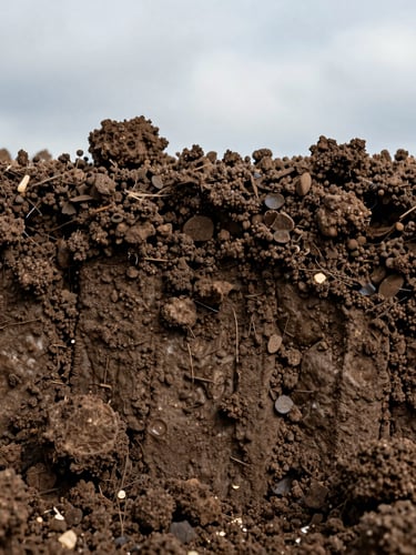 Macro photograph of deep loam soil structure with visible organic humus particles, natural overcast daylight, high-contrast texture.