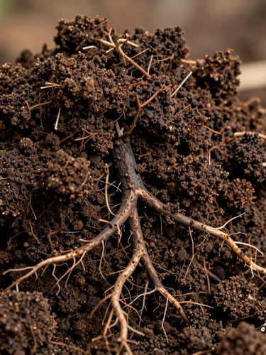 Macro photograph of rich, dark, crumbly soil structure showing healthy deep root systems and organic matter under soft morning light.