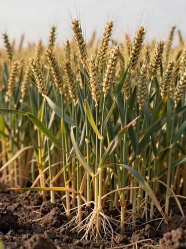 A close-up, low-angle shot of a thriving commercial wheat field in early morning light, showcasing robust root systems and rich, dark soil crumb structure in the foreground.