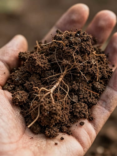Macro close-up shot of rich, dark, crumbly organic soil structure held in a farmer's hand, showing fine root systems and moist humus texture under soft morning light.