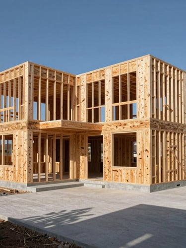 Wide-angle architectural shot of a modern custom home under construction, raw Douglas fir timber framing exposed against high-contrast daylight, sharp shadows.
