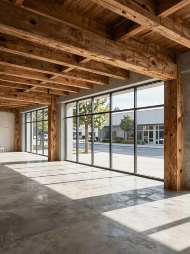 Sharp architectural photography of a modern retail store interior, raw concrete floor, exposed structural timber beams overhead, natural daylight streaming through large front windows, high contrast shadows.