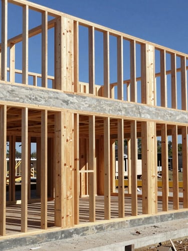 High-contrast architectural photography of raw Douglas fir timber framing of a house under construction, sunlight casting dramatic shadows through the open structure.