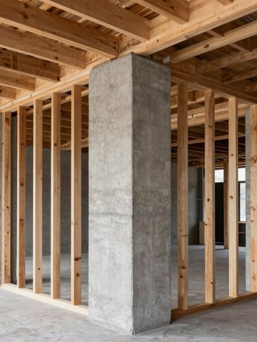 Sharp architectural shot of raw timber framing and heavy concrete pillars inside a bespoke retail store under construction, high contrast