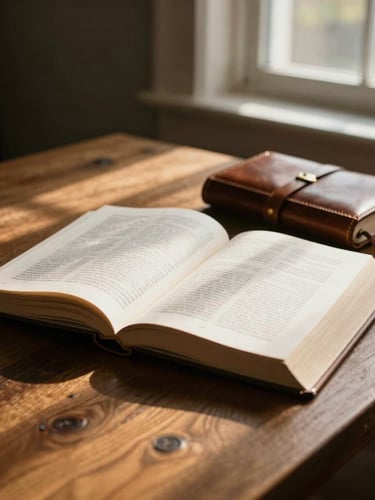 A quiet, high-end study with natural light pouring through a window onto a heavy oak table, open scriptures, and a leather journal, deep shadows and golden highlights.