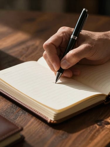 Close-up of hands writing with a pen in a leather journal on a dark oak desk, warm directional light casting deep shadows.