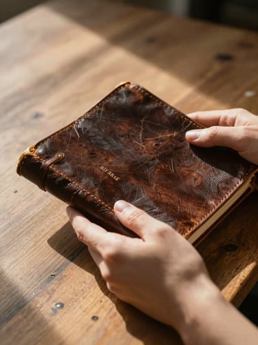 An intimate, close-up photograph of hands holding an open, worn leather scripture journal, warm directional morning light casting soft shadows across a rustic wooden desk.
