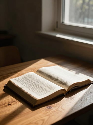 A quiet, high-contrast study room with natural light streaming through a window, a wooden table holding open scriptures, deep shadows and warm golden highlights.