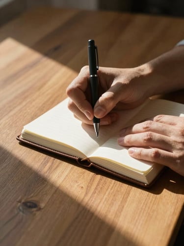 Close-up of hands writing in a leather journal on a solid oak desk, soft directional window light casting deep shadows.