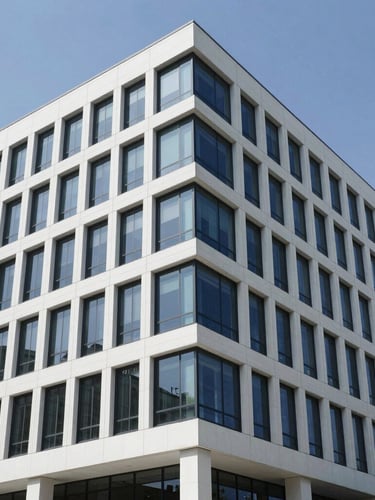 Wide architectural angle of a modern financial institution facade, clean lines, sharp high-contrast corporate lighting with defined shadows.