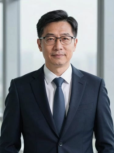 Formal corporate portrait of a seasoned financial consultant in a dark navy suit, cool window daylight, clean structured background, sharp focus, 50mm lens