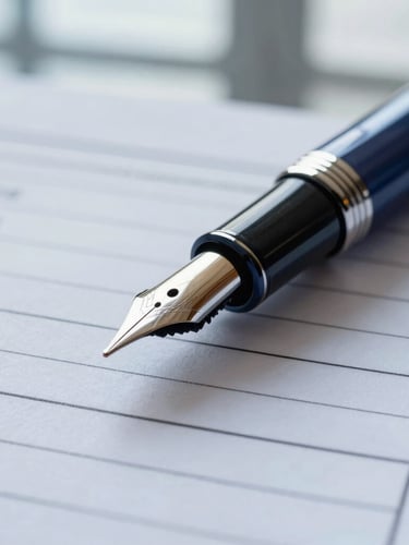 Macro shot of an elegant fountain pen resting on structured financial ledgers, cool window daylight, sharp focus on ink lines