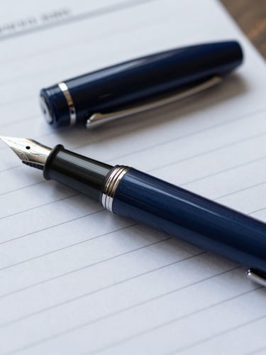 Macro shot of a classic fountain pen resting on structured ledger documents, cool daylight, deep navy tones, sharp focus