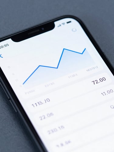 Macro shot of a high-fidelity Android device mockup displaying a clean, structured financial dashboard under cool blue studio lighting, sharp focus, macro lens