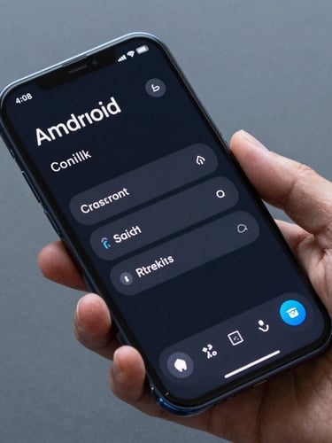 Macro studio shot of a modern Android phone held in hand, showing a beautifully structured dashboard with clean typography and electric blue accents, cool slate background, sharp focus.