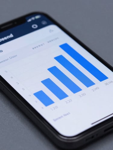 Macro shot of a high-fidelity Android device mockup displaying a clean, dark-themed financial interface with blue graphs under cool studio lighting